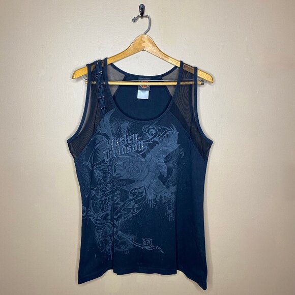 Black Biker Motorcycle Vibe 100% Cotton Harley Davidson Women’s Mesh Tank Top - Picture 2 of 12